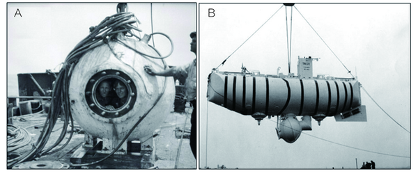 早期的深潜器，A为1930年的潜水球，B为1960年的深潜舟