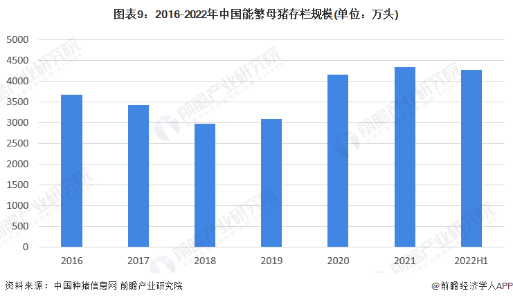 图表9：2016-2022年中国能繁母猪存栏规模(单位：万头)