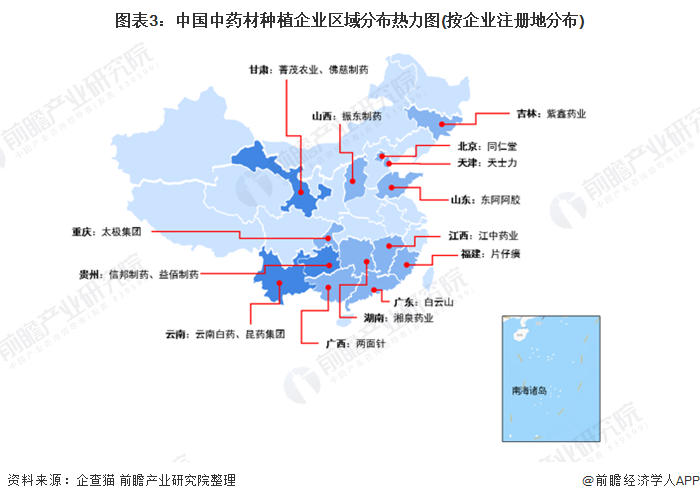 图表3：中国中药材种植企业区域分布热力图(按企业注册地分布)