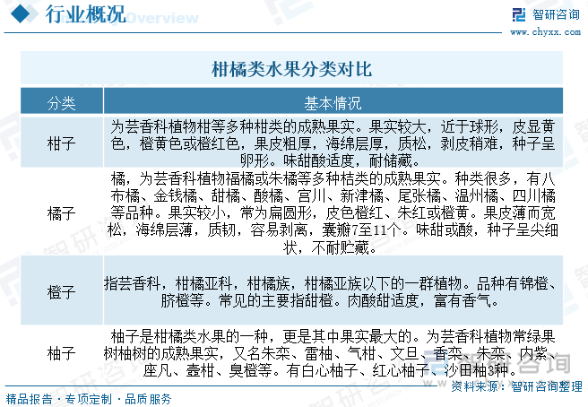 橘是指橘、柑、橙、柚、枳等的总称，我国是世界上柑橘栽培历史最早的国家，已经拥有了四千多年的历史。经过长期的栽培与选择，柑橘质量与产量有了大幅度的提升，成为了人们生活中不可缺少的水果，柑橘类水果具有的人体所需保健物质已经有30多种，包括类黄酮、单萜、香豆素、类胡萝卜素、类丙醇、吖啶酮、甘油糖脂质等。柑橘素有南国佳果的美名,其果实营养丰富,质优味美,经济价值高。柑橘种类、品种繁多,各具特色,深受广大消费者喜爱，是我国南方主要发展的经济作物之一。