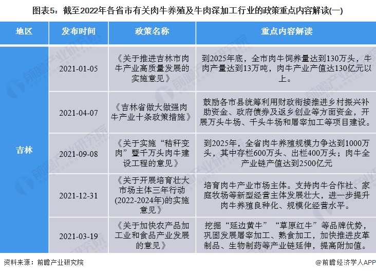 图表5：截至2022年各省市有关肉牛养殖及牛肉深加工行业的政策重点内容解读(一)