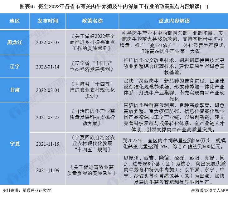 图表6：截至2022年各省市有关肉牛养殖及牛肉深加工行业的政策重点内容解读(一)