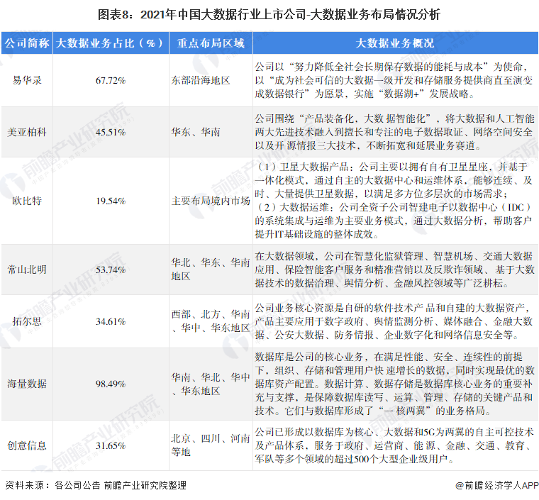 图表8：2021年中国大数据行业上市公司-大数据业务布局情况分析